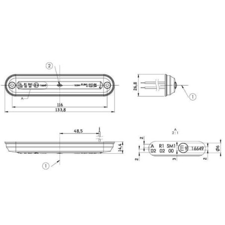 Lampa obrysowa LED, 0.3/1.3W prostokątna 12/24V biała 6 LED Kramp