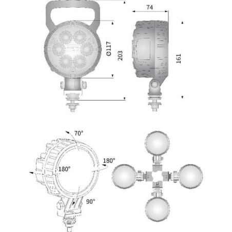 Lampa robocza LED, okrągła, 24W 1500 lm 10/30V światło rozproszone z wtyczką Deutsch, 6 LED Kramp