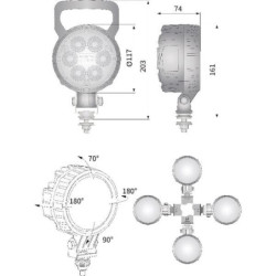 Lampa robocza LED, okrągła, 29W 2500 lm 10/30V światło rozproszone z wtyczką Deutsch, 6 LED Kramp