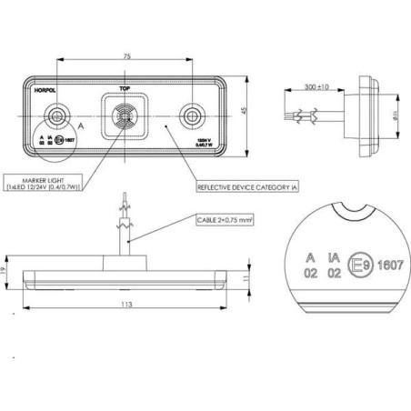 Lampa obrysowa LED, 0.4/0.7W prostokątna, 12/24V biała, 1 LED gopart