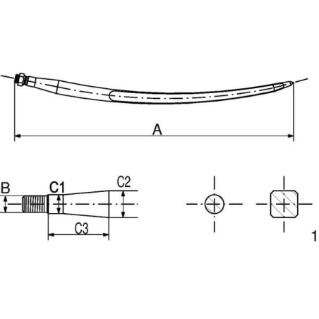 Ząb ładowacza, wygięty zamykający, profil kwadratowy 35x600 mm końcówka szpiczasta z nakrętką M20x1.5 czerwony Kverneland