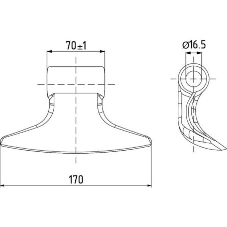 Nóż bijaka 70x170 mm Ø 16 mm promień roboczy 88 mm