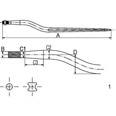 Ząb ładowacza, wygięty: 58 mm profil podwójne T 36x815 mm końcówka szpiczasta z nakrętką M22x1.5 czarny Stoll