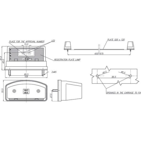 Lampa oświetlenia tablicy rejestracyjnej LED, prostokątna, przezroczysta 12/24V przykręcana Waś