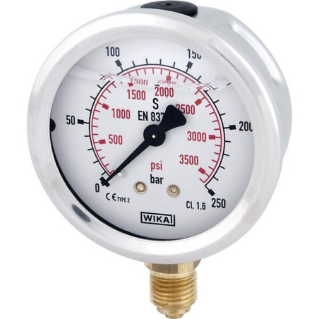 "Manometr glicerynowy, Ø 63 mm 250 bar, przyłącze dolne 1/4"""