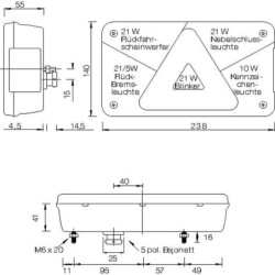 Lampa zespolona tylna, lewa prostokątna 12V czerwona/przezroczysta przykręcana z wtyczką 5-pin  Multipoint V Aspöck