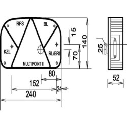 Lampa zespolona tylna, prawa prostokątna 12V czerwona/przezroczysta przykręcana 240x52 mm Bayonet 5-pin, Multipoint II Aspöck