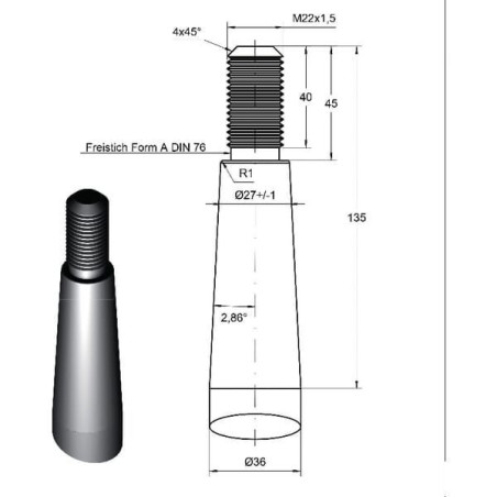 Ząb ładowacza, wygięty: 58 mm profil podwójne T 36x915 mm końcówka szpiczasta z nakrętką M22x1.5 czerwony