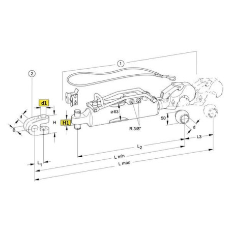 Łącznik górny hydrauliczny, hak z kulą kat.2, Ø 63 mm