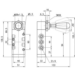 Zawór 5/3-drożny, ręczny dźwigniowy