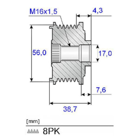 Koło pasowe alternatora, ze sprzęgłem jednokierunkowym odstęp 7.6 mm