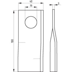 Nożyk kosiarki, 100 x 39 x 3, Ø 19, prawy, wygięty, pasuje do Sipma