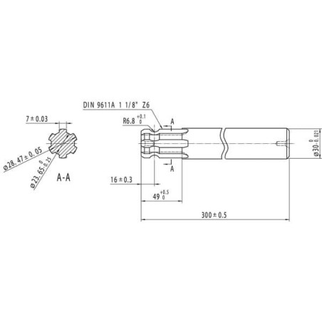 Końcówka wału, 1 x 1 1/8 Z6, 1 x Ø 30 mm, L-300 mm