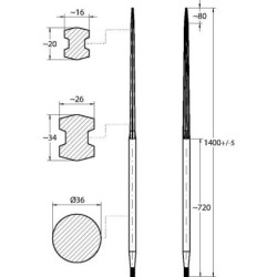 Ząb ładowacza, prosty, profil podwójne T 36x1400 mm końcówka szpiczasta z nakrętką M22x1.5 czarny SHW