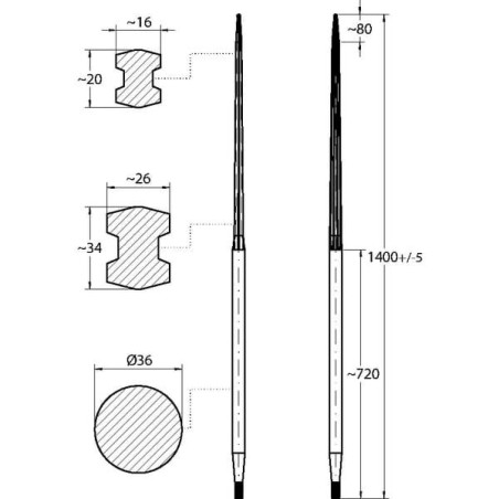 Ząb ładowacza, prosty, profil podwójne T 36x1400 mm końcówka szpiczasta z nakrętką M22x1.5 czarny SHW