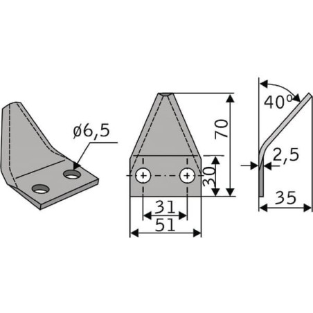 Nóż paszowozu 70x51x2.5 mm Ø 6.5 mm pasuje do Luclar/Scariboldi/Mutti