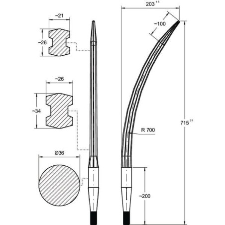 Ząb ładowacza, wygięty zamykający, profil podwójne T 36x760 mm końcówka szpiczasta z nakrętką M22x1.5 czerwony SHW