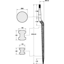 Ząb ładowacza, wygięty: 58 mm profil podwójne T 36x815 mm końcówka szpiczasta z nakrętką M22x1.5 czerwony SHW