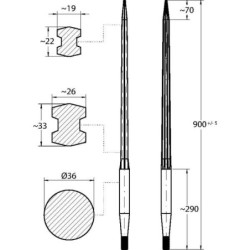 Ząb ładowacza, prosty, profil podwójne T 36x900 mm końcówka szpiczasta z nakrętką M22x1.5 czerwony SHW