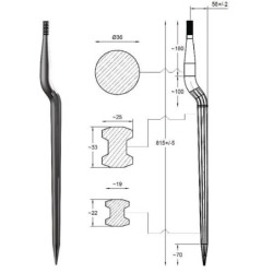 Ząb ładowacza, wygięty: 58 mm profil podwójne T 36x815 mm końcówka szpiczasta z nakrętką M22x1.5 czerwony SHW