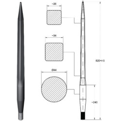 Ząb ładowacza, prosty, profil kwadratowy 44x820 mm końcówka szpiczasta z nakrętką M28x1.5 czerwony SHW