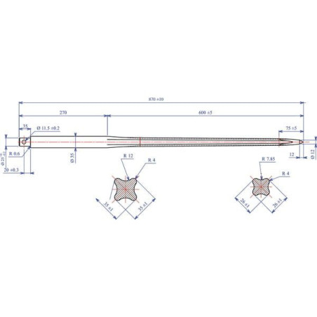 Ząb ładowacza, prosty, profil gwiazda 32x860 mm końcówka szpiczasta z otworem Ø 11.5 na kołek sprężysty czerwony FST