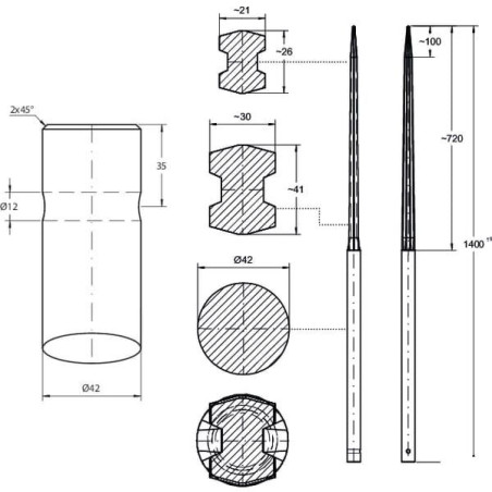 Ząb ładowacza, prosty, profil podwójne T 42x1400 mm końcówka szpiczasta z otworem Ø 12 na kołek sprężysty czarny SHW