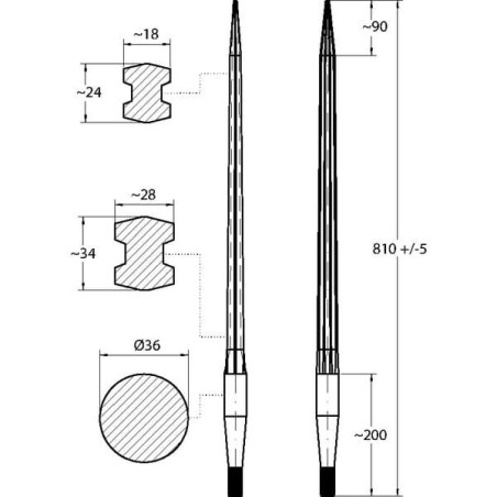 Ząb ładowacza, prosty, profil podwójne T 36x810 mm końcówka szpiczasta z nakrętką M22x1.5 czerwony SHW