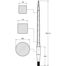 Ząb ładowacza, prosty, profil kwadratowy 44x820 mm końcówka szpiczasta z nakrętką M30x2 czerwony SHW