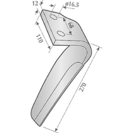Ząb brony aktywnej, lewy, L=270 mm pasujący do Kuhn, Kramp